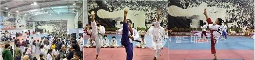 ▲ 대회 경기장 모습과 함께 대회에 참가한 방글라데시 여학생들의 품새 경기 모습